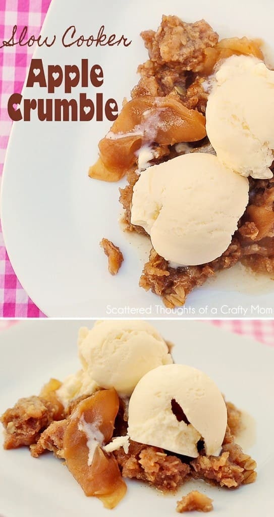 Slow cooker apple crumble served with vanilla ice cream