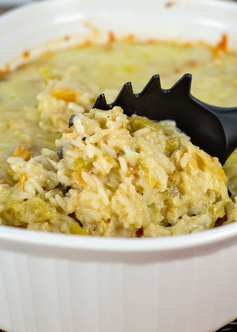Cheesy green chile chicken and rice casserole