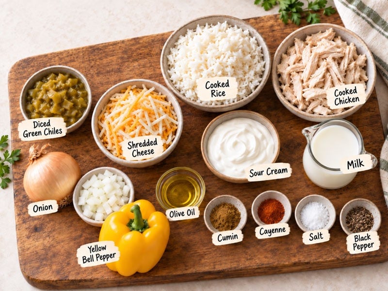 Ingredients for green chili chicken and rice casserole