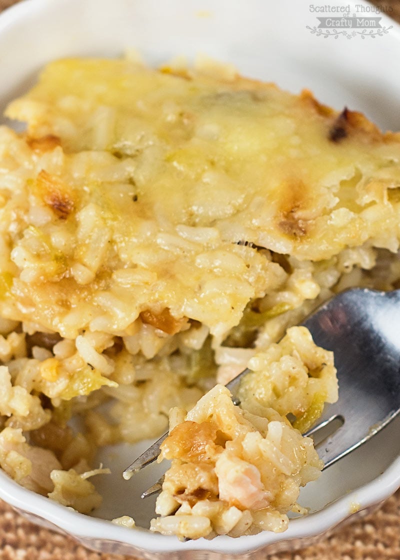 close up of the green chili chicken and rice casserole