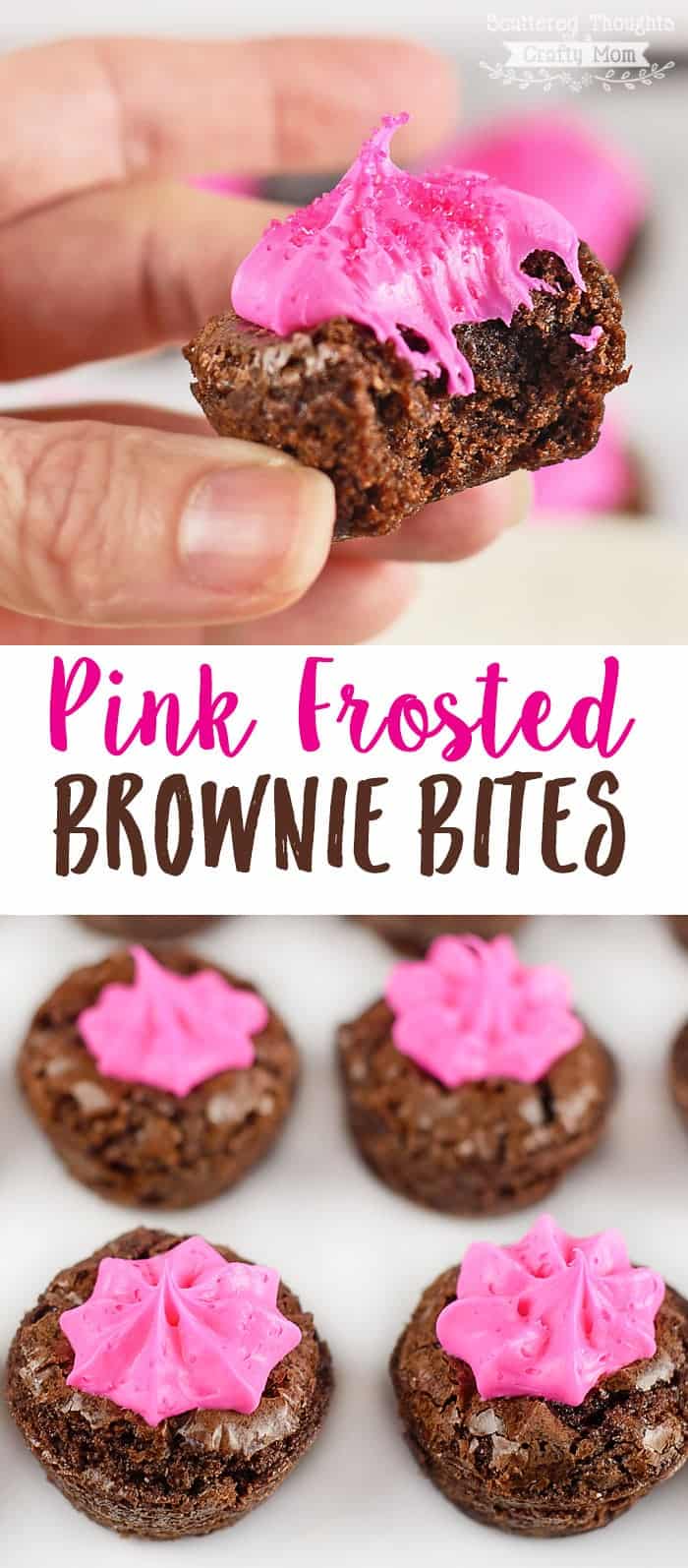 These pink frosted Brownie Bites are a snap to make! The perfect last minute treat for Valentine's day or any party with a pink theme! (Plus I share a simple trick that makes these a cinch to frost.)