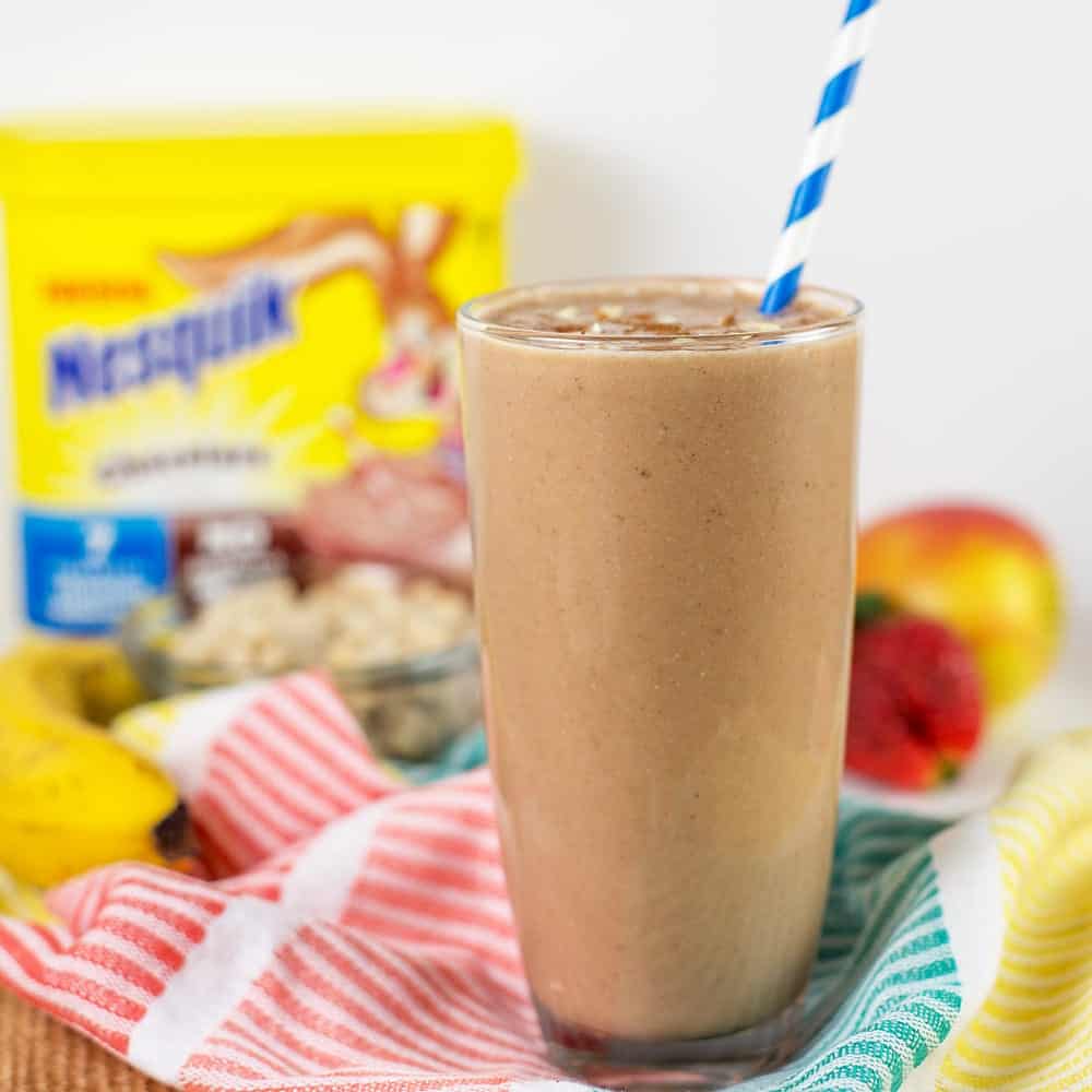 This Chocolate Banana Oatmeal Smoothie is packed with nutrition - perfect for starting your day! (plus it's an excellent way to serve up leftover oatmeal.)