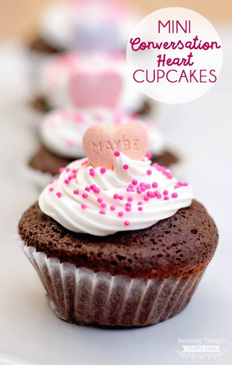 Mini Conversation Heart Cupcakes- the perfect little bite of chocolate for your next Valentine's Day Party! (mini chocolate cupcake recipe)