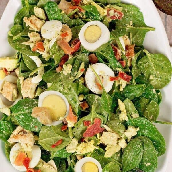 Low Carb Spinach Salad w/ chicken bacon, eggs and avocado