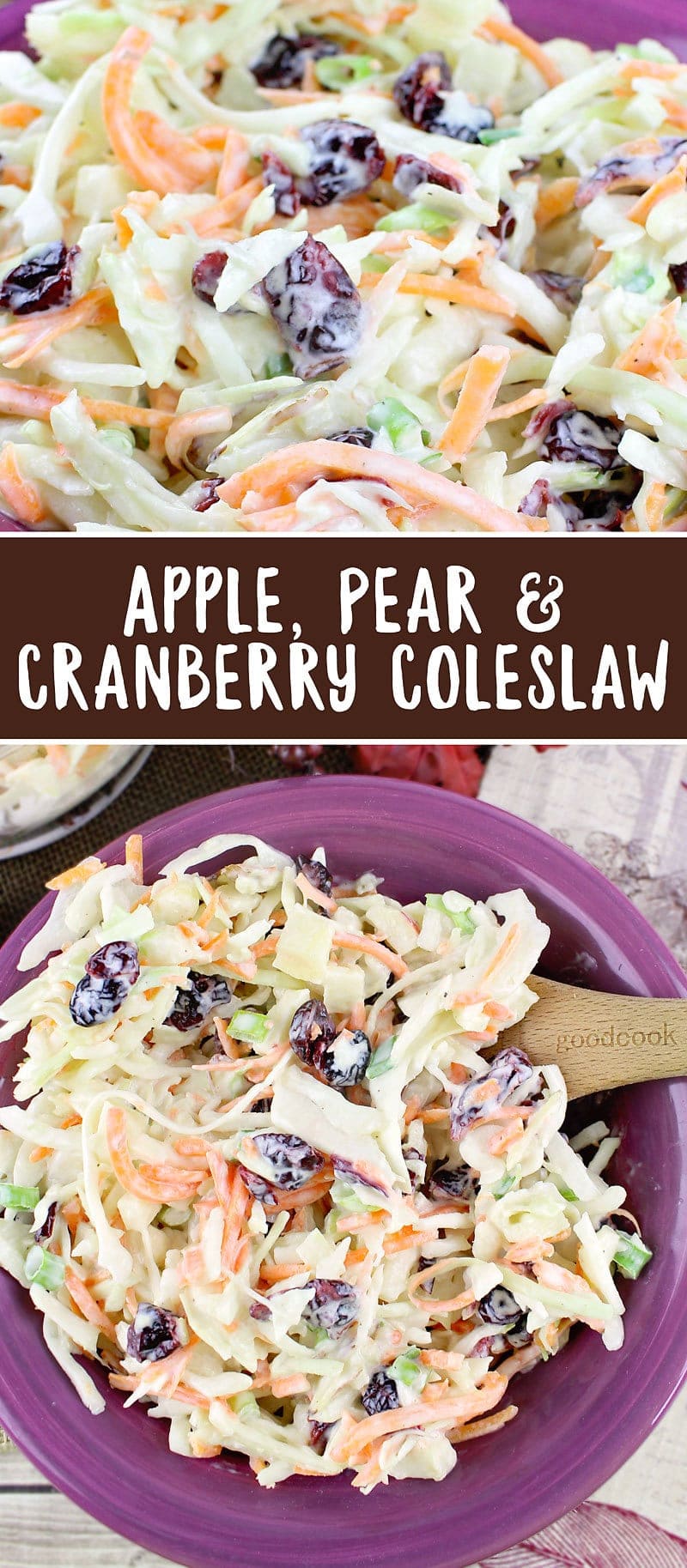 Apple Pear and Cranberry Coleslaw is crunchy, sweet and tangy, the perfect side dish for fall potlucks and so many other occasions.