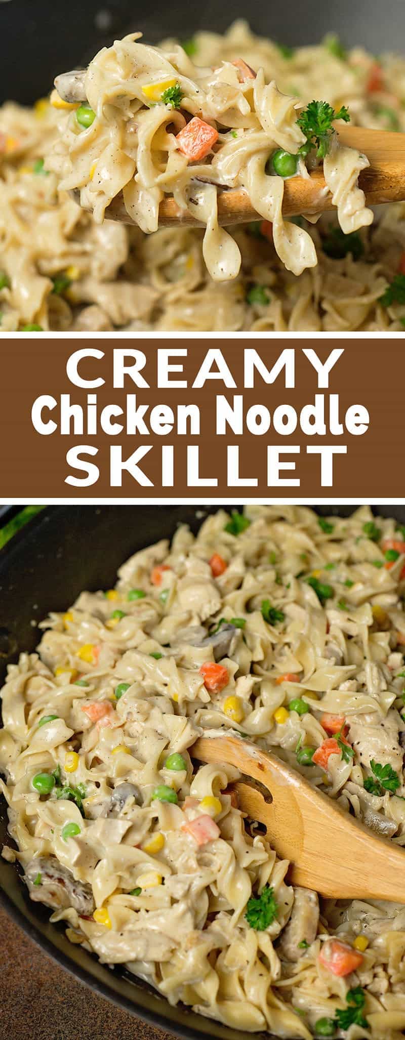 Creamy Chicken Noodle Skillet Recipe - tastes almost like chicken pot pie, but without all the work! (20 minute meal) #20minuterecipe