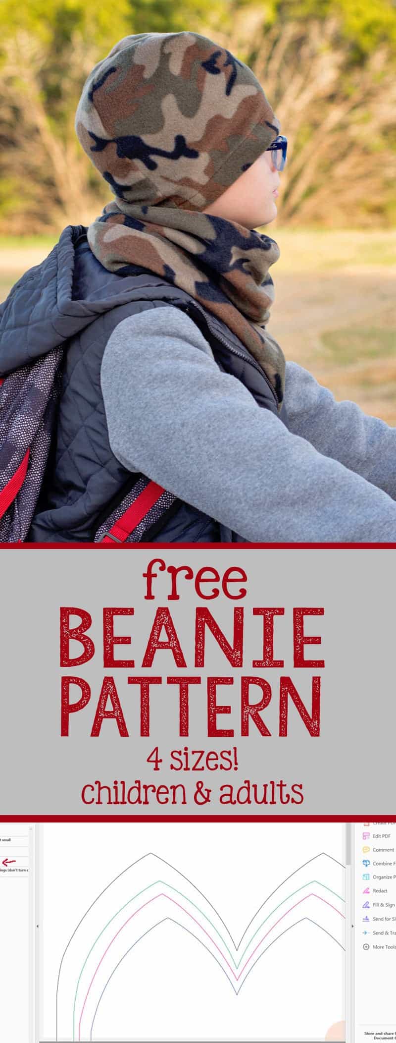 Free Beanie Hat Pattern, in four sizes! This free fleece hat pattern is the perfect sewing project for beginners, stocking stuffers, holiday gifts and using up all your leftover fleece!