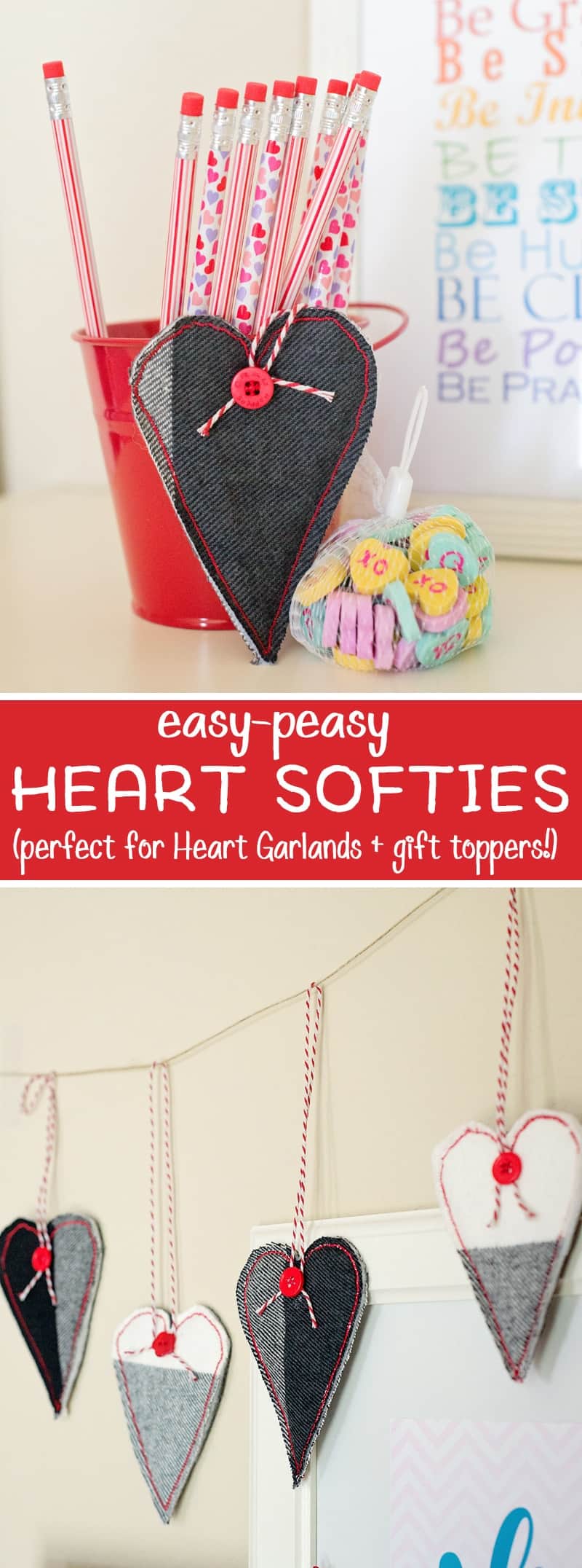 These Easy Peasy Heart Softies, are perfect for Valentines Day! They're super simple to make and a great way to use up scrap fabric, plus they are perfect to make a heart garland or even as a gift topper!