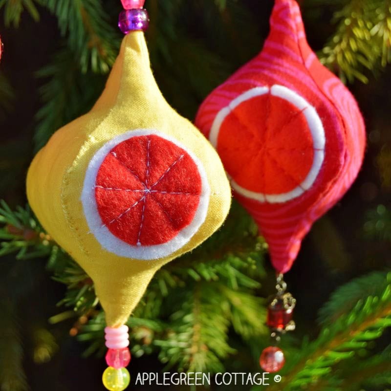 Round fabric bauble Christmas ornaments made from coordinating prints