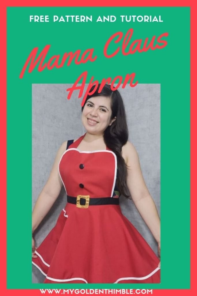Red and green Christmas apron with a contrasting waistband and ruffle