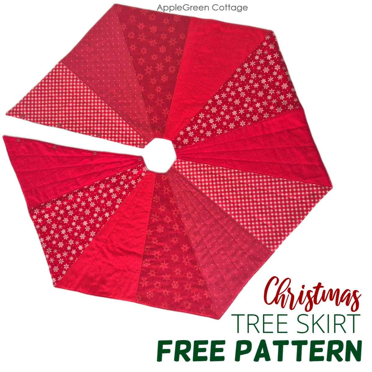 Simple round Christmas tree skirt sewn from red and white fabric
