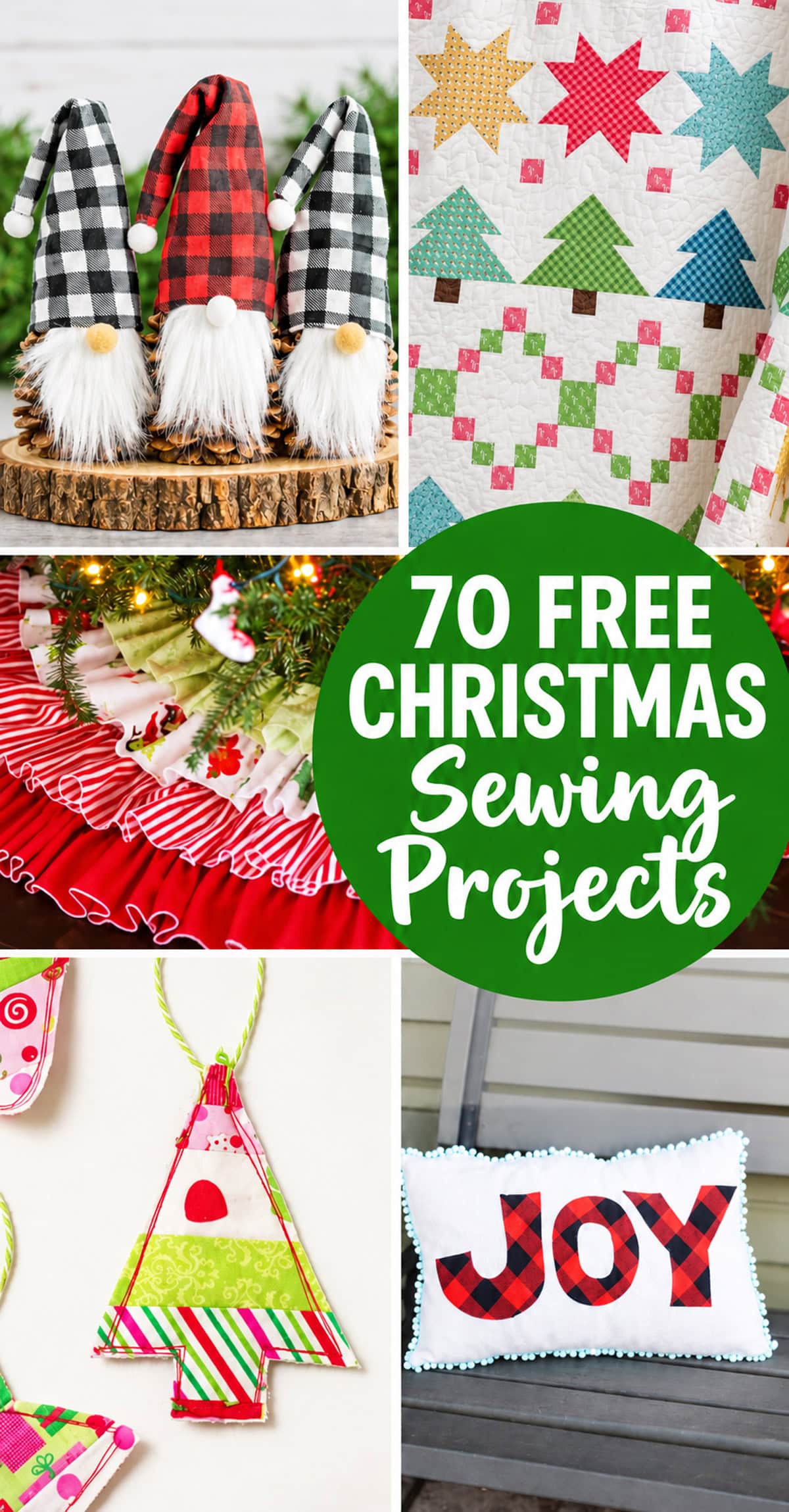 Free Christmas sewing projects including stockings, ornaments, tree skirts, gifts, and holiday decor