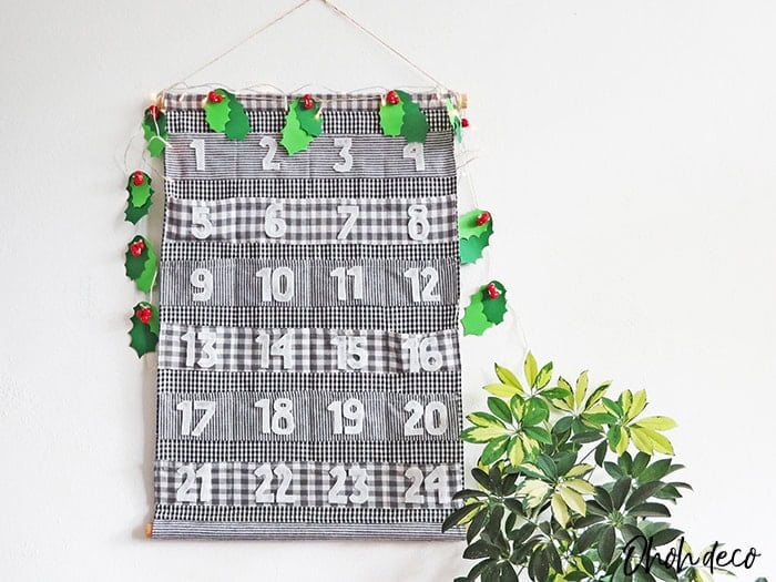 Fabric Advent calendar sewn from a printed holiday dish towel