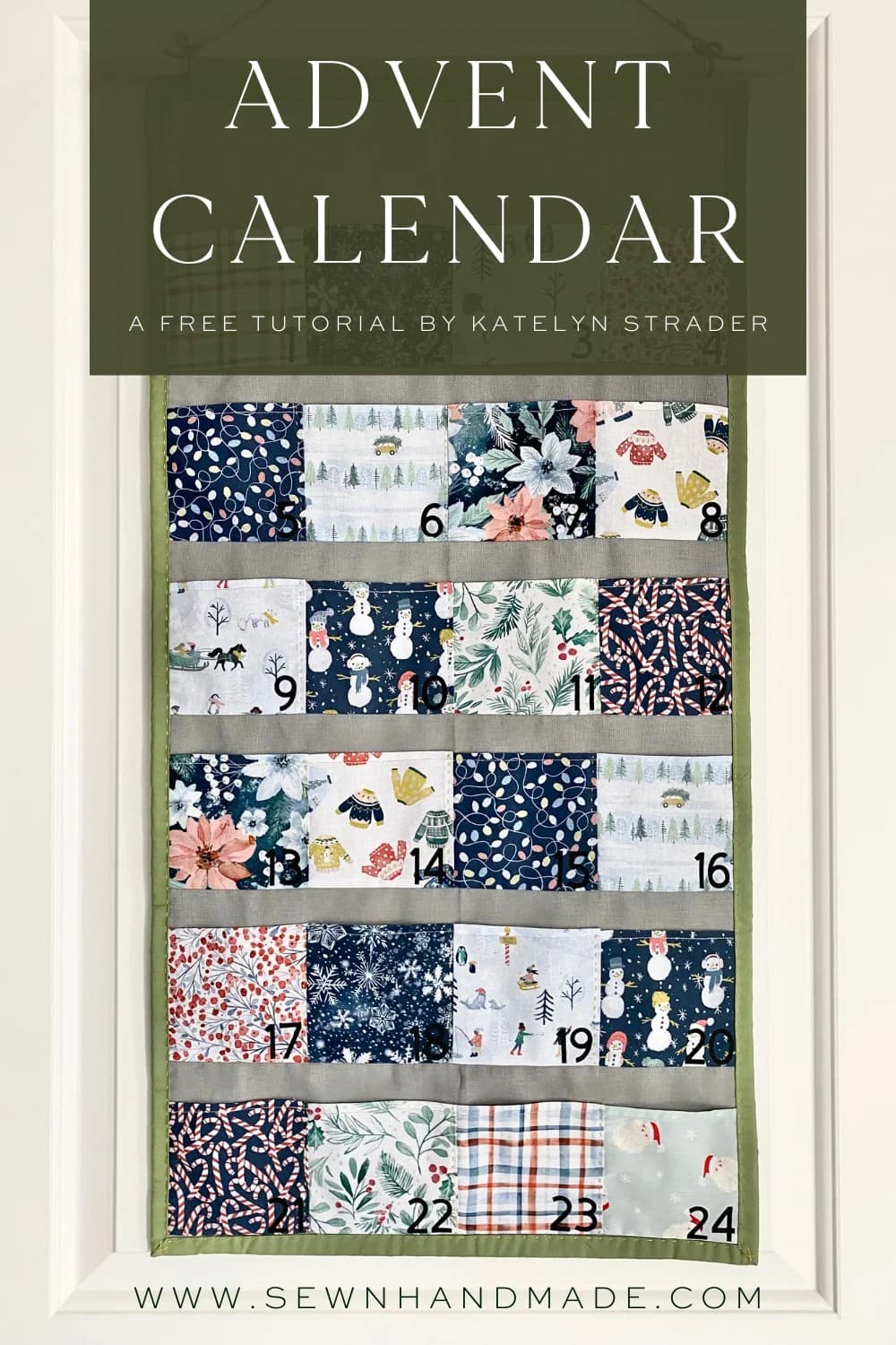 Modern wall-hanging Advent calendar with individual fabric pockets