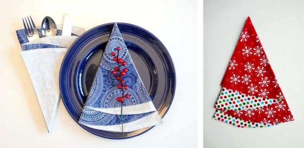 Christmas tree-shaped fabric napkins with pockets for cutlery