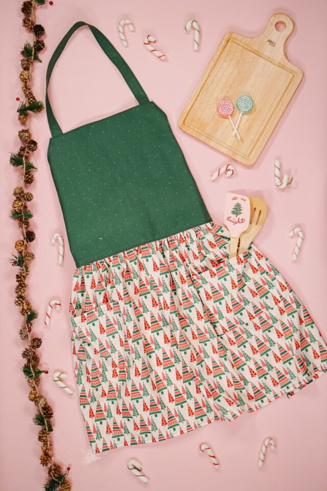 Handmade Christmas apron sewn from a festive holiday print
