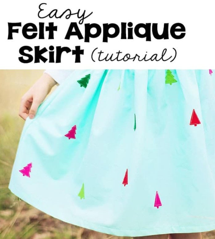 Girl's Christmas skirt decorated with colorful felt tree appliqués
