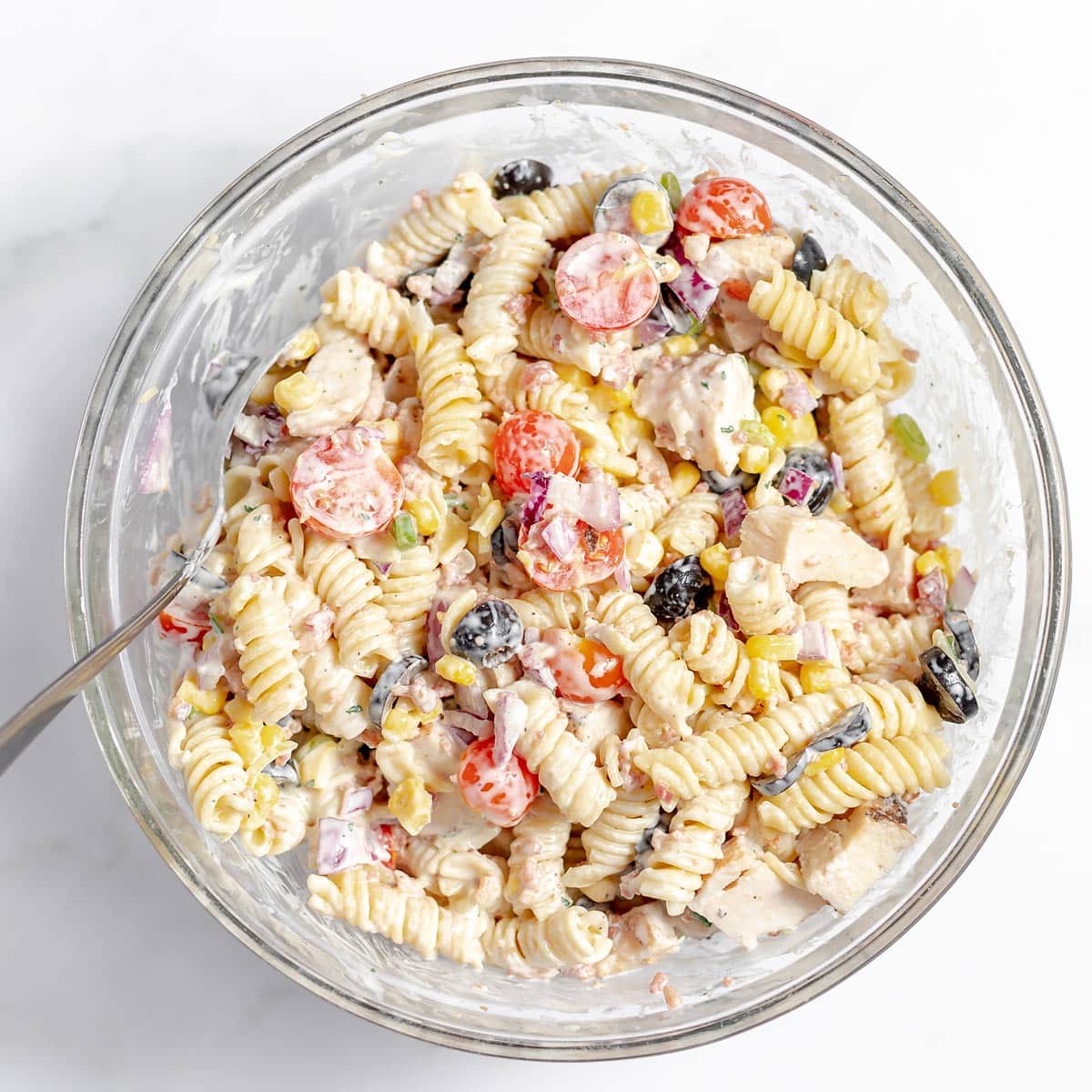 how to make chicken bacon ranch pasta salad