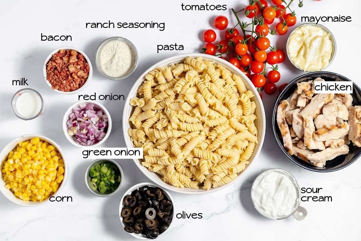 ingredients in chicken bacon ranch pasta salad