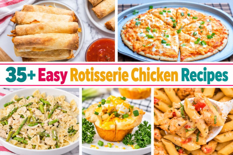 Collage of easy leftover rotisserie chicken recipes, including pasta, pizza, chicken muffins, and air fryer taquitos