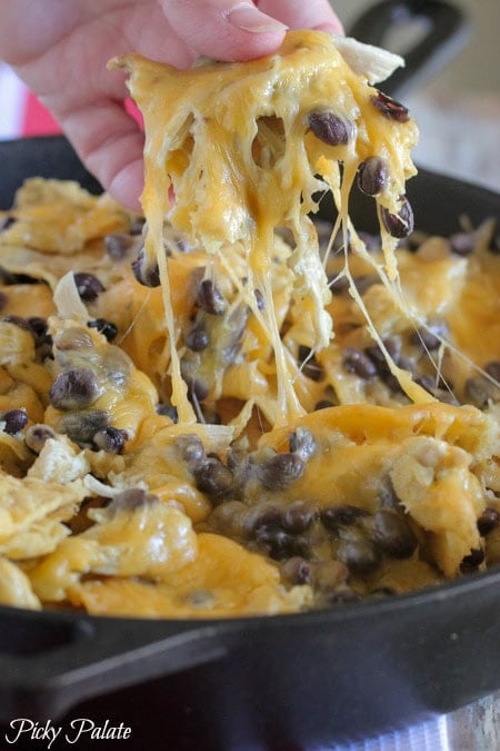 Skillet nachos with spicy salsa verde chicken