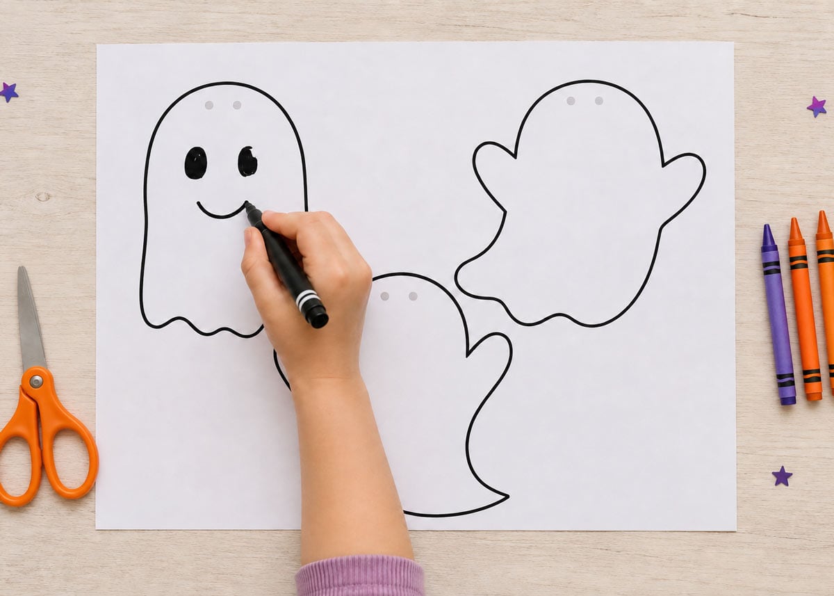 Child drawing a face on the printable ghost garland template before cutting