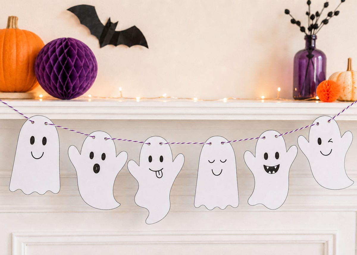 Finished printable Halloween ghost garland hanging across a decorated mantel