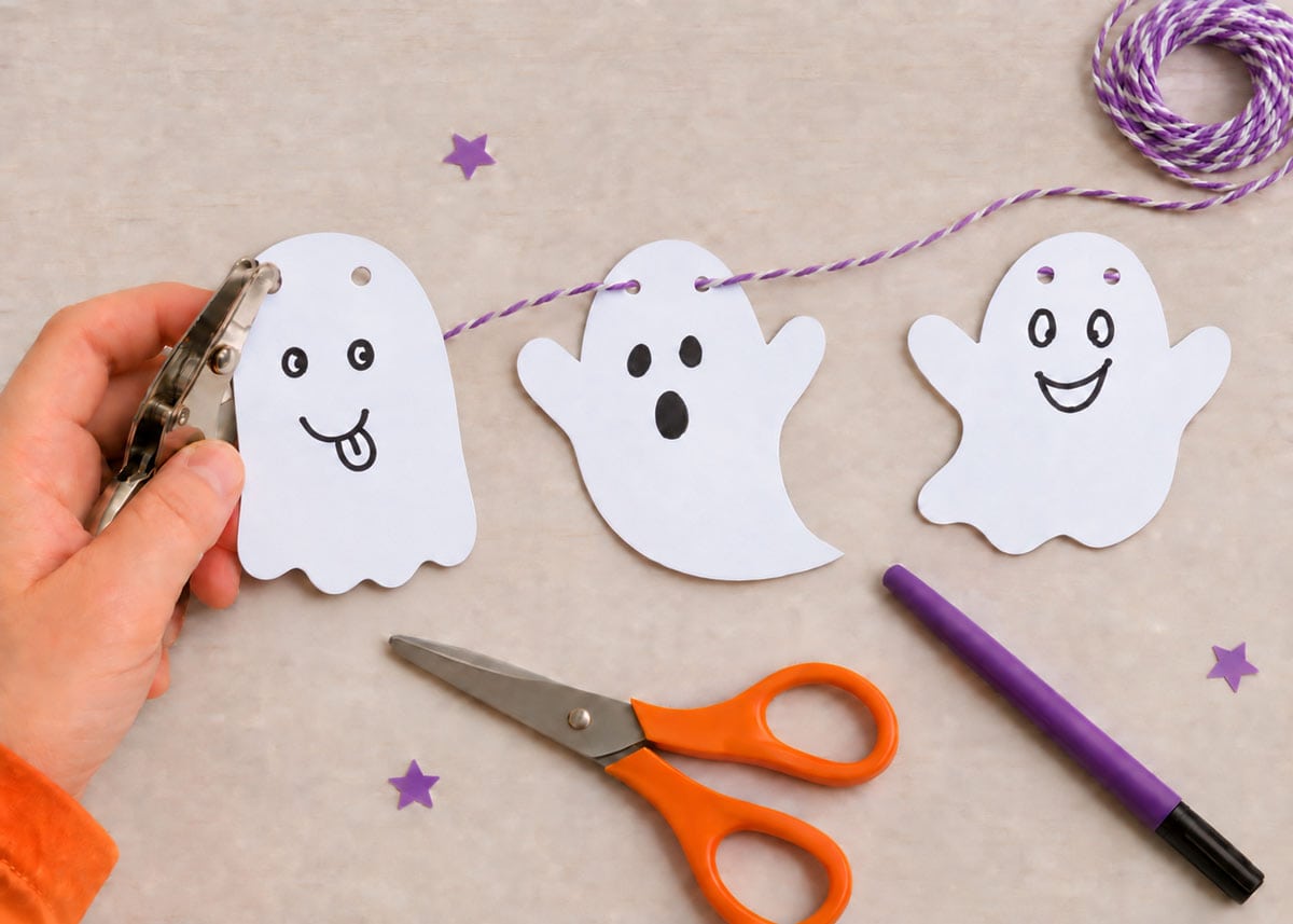 Hole punching and threading the printable Halloween ghosts onto baker's twine