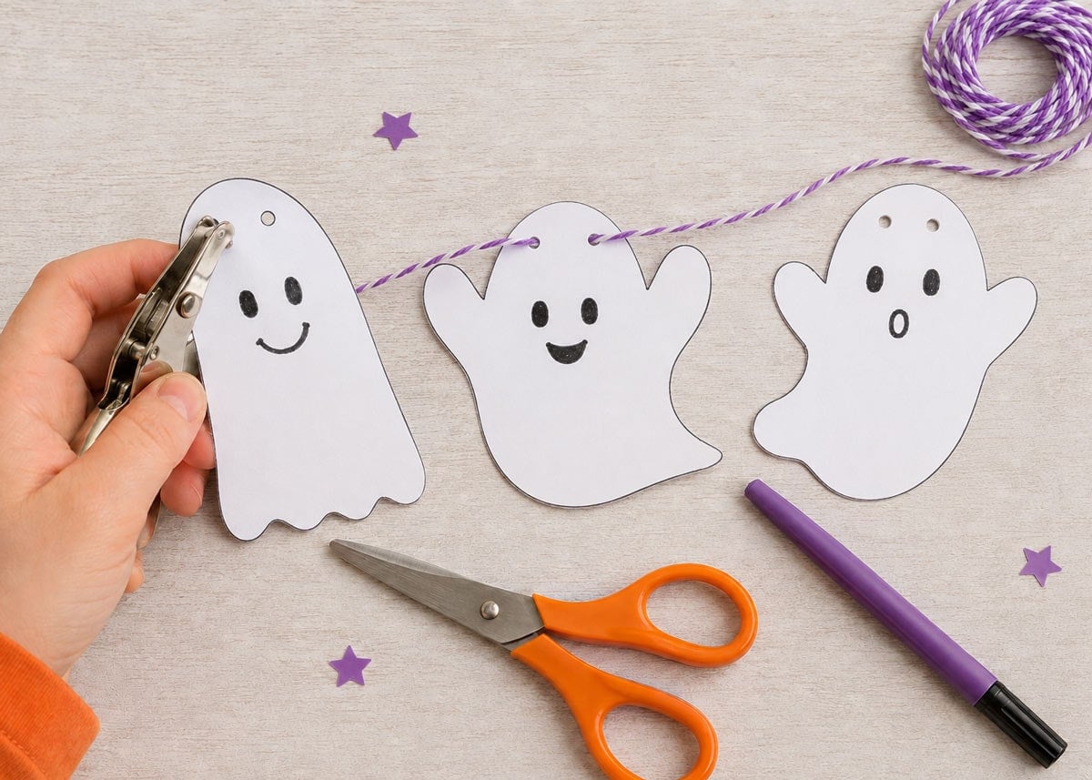 Hole punching and threading the printable Halloween ghosts onto baker's twine