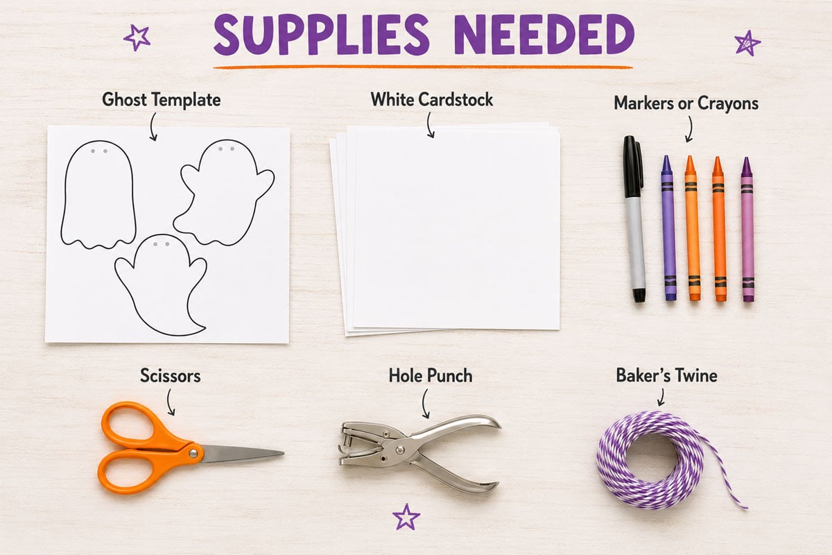 Supplies needed for the printable Halloween ghost garland craft