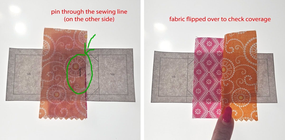 Second pumpkin fabric scrap temporarily pinned for a foundation paper piecing test flip