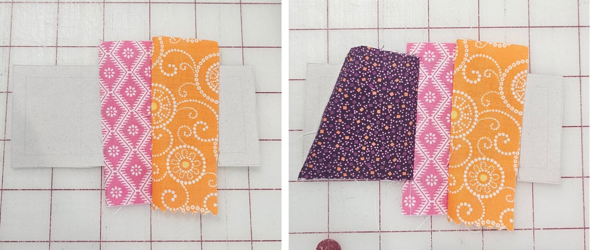 Partially completed foundation paper piecing pumpkin body with angled corners