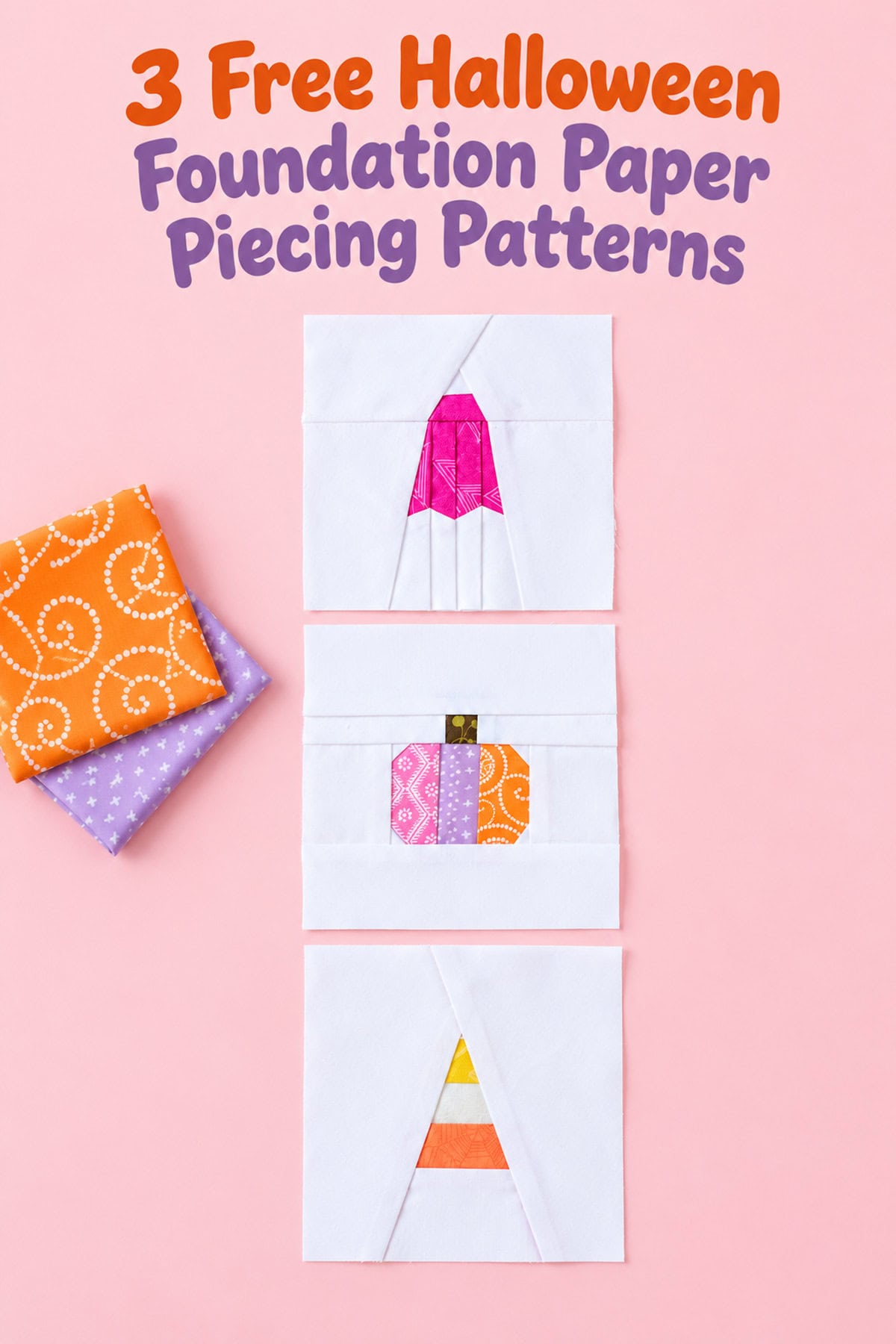 Three mini Halloween foundation paper piecing quilt blocks featuring a ghost, pumpkin, and candy corn