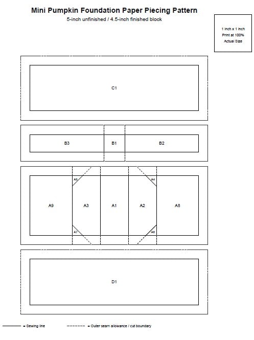 Pumpkin foundation paper piecing template with numbered fabric sections, sewing lines, and one-inch test square